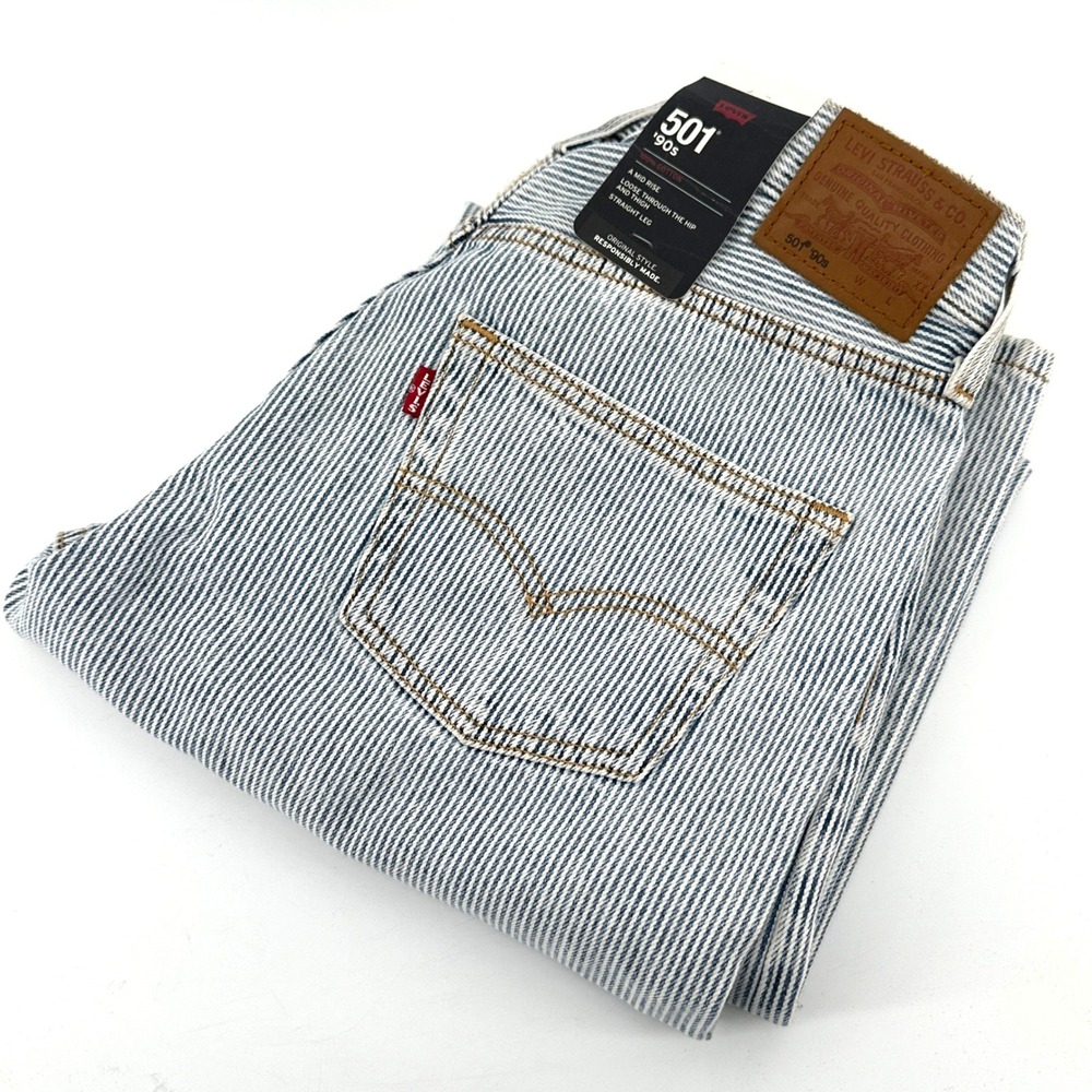 Levi's 501 90s Jeans Mens 29x32 Blue White Hickory Stripe Straight Fit New